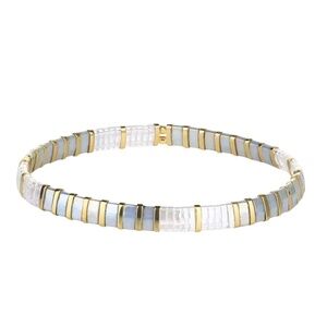 Tila Beaded Friendship Bracelet – 6.3" Stretch – Gold, White & Grey Tile Beads